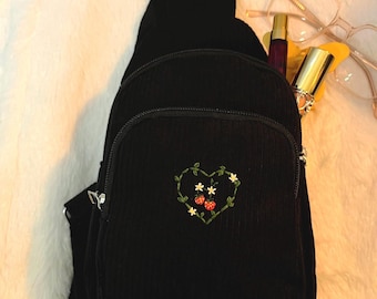 strawberry vine embroidered corduroy sling bag, festival fanny pack, multiple pocket pin purse, concert, hiking bum crossbody bag
