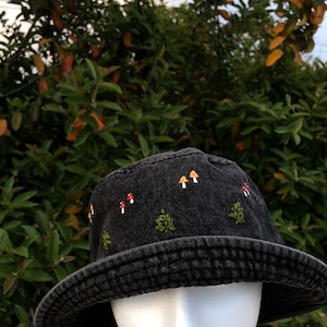 Mushroom and fern denim bucket hat, gift for him and her , hiking, beach, hippie, outdoors, nature wear, forest loving accessory, unisex