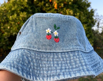 Hand embroidered Strawberry bucket hat, coquette, embroidered hat, cottage core, gardening spring summer hat