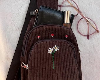Corduroy crossbody mushroom and flower bag, hand embroidered bag, Fanny pack, sling bag, multiple pocket purse, festival bag