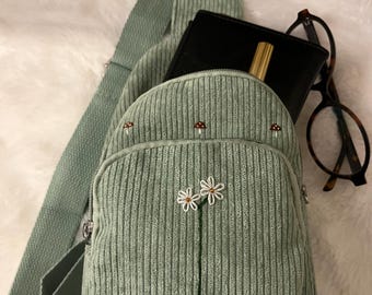 Hand embroidered beaded corduroy crossbody, mushroom flower fanny pack, sling bag, everyday travel purse, festival bag, nature gift, whimsy