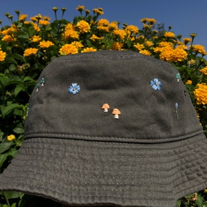 Forget me nots and mushroom embroidered bucket hat, sun and gardening gift for him and her, hippie, beach, nature lover, camping