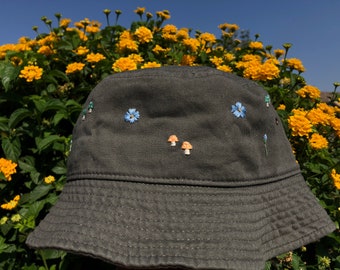 Forget me nots and mushroom embroidered bucket hat, mushroom spring summer hat, gift for him and her