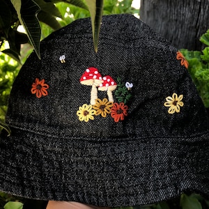 Hand Embroidered Amanita Mushroom Denim Bucket Hat, fairycore, cottagecore nature, hiking, whimsical festival hat