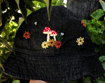 Mushroom bucket hat, Embroidered men and womens bucket hat, spring summer bucket hat, denim hat