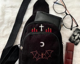 Halloween spooky crossbody bag, bat and cross fanny backpack, red candle goth black multipocket sling, witchy