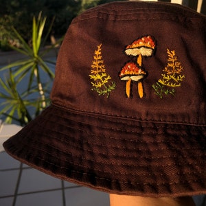 Men and woman’s bucket hat, mushroom and fern bucket hat , custom spring summer embroidered hat, unisex, gift