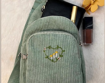 Corduroy crossbody cottage core mushroom and flower bag, hand embroidered gift, Fanny pack, sling, multiple pocket purse, festival bum bag,