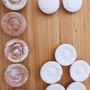 May include: A collection of ceramic mushroom-shaped objects, some with a brown and white color scheme, others in solid white. The objects are arranged on a wooden surface, showcasing their unique design and texture.