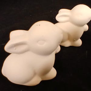 May include: Two unpainted ceramic bunny figurines. One bunny is seated, the other is standing. Both have large ears, round bodies, and small, detailed facial features. The bunnies are a soft, off-white color, perfect for painting.