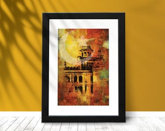 Pakistan Mosque Painting Canvas | Islamic Wall Art, Vintage Islamabad Watercolor Map Poster, Pakistani Home Decor, Religious Gift for Dad