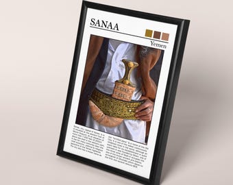 Yemeni Dagger Art Painting with Traditional Clothes & Aqeeq Stone | Sanaa Decor Wall Art Poster | Yemen Culture, Middle East Home Decor