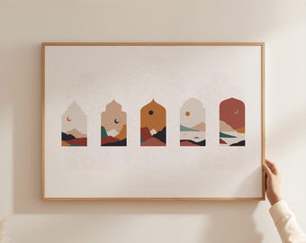 Sunset Landscape Prayer Times Wall Art | Modern Boho Calligraphy | Neutral Tones Islamic Gift | Minimal Housewarming Decor
