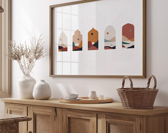 Sunset landscape wall art, boho calligraphy, neutral tones, minimal housewarming, spiritual home decor.