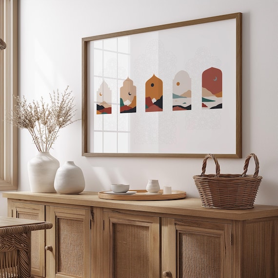 Sunset Islamic Wall Art | Prayer Times Boho Art | Muslim Bohemian Landscape | Neutral Tone Islamic Gifts | Minimal Housewarming Gift | Large
