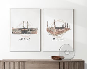 Makkah & Madinah Sketch | Islamic Wall Art Set | Boho Warm Tone Neutral | Haramain Gift