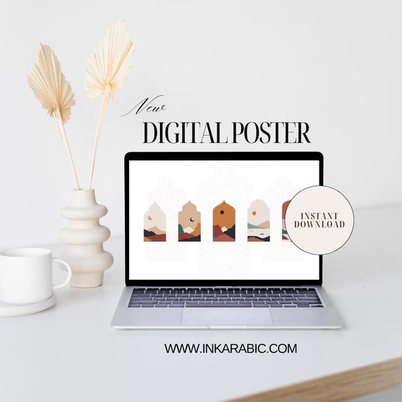Digital Landscape Prayer Times | Salah Boho Islamic Wall Art | Minimal Islamic Gift | Horizontal Bohemian Poster | Sunrise Sunset Poster