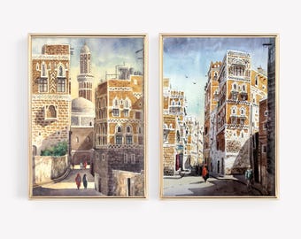 Yemen Wall Art, Sanaa City Poster, Arabic Decor, Middle Eastern Islamic Painting