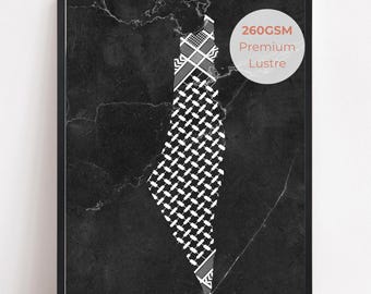 Black Palestine Map Wall Art | Kefiyyeh Design | Vintage Islamic Decor | Middle Eastern Heritage