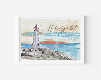 Lighthouse Watercolor Print, Inspirational Coastal Art for Nursery, Islamic Wall Decor, Motivational Quote, Baby Wall Art, Sunset Landscape