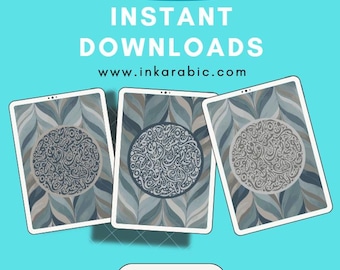 Digital Arabic Calligraphy Prints, Islamic Wall Art, Blue-Grey Decor, Instant Download, Modern Gift