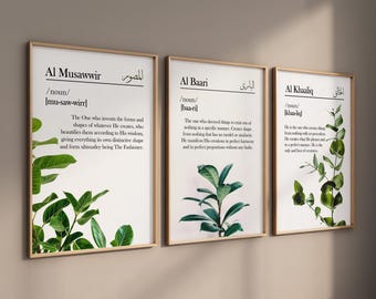 Islamic Wall Art Set of 3 Botanical Green Decor | Nature Monstera Leaf Arabic Calligraphy Prints | Names of Allah Muslim Home Decorations