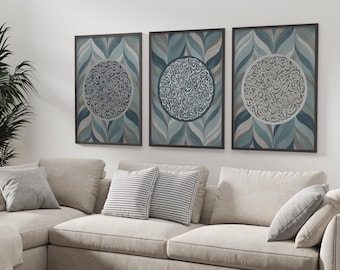 Duck Egg Islamic Wall Art Set of 3 in Blue & Grey for Living Room, Bedroom, Prayer Area