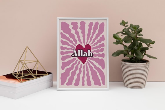 Floral Pink Islamic Wall Art | Love Heart Poster | Islamic Gift for her | Groovy Feminine Pattern | Muslim Artwork | Modern Allah Print
