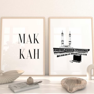 Cadeaux islamiques Omra La Mecque | Impression de porte Kaaba | Art de la mosquée en noir et blanc | Lot de 2 impressions | Cadeau de pendaison de crémaillère | Art mural islamique | Minimal