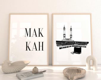 Set of 2 Islamic Wall Art Prints | Makkah Mosque & Kaaba in Black and White