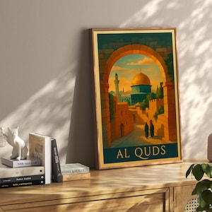 Palestine Poster | Al Quds Dome of the Rock Painting | Al Aqsa Print | Jerusalem Home Decor | Keffiyeh Warm Tone Islamic Wall Art