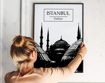 Istanbul Turkish Print | Minimal Black & White Mosque Wall Art | Sultan Ahmet Decor