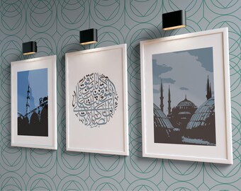 Islamic Home Decor | Mosque Wall Art for Living Room | Istanbul Turkish Painting | Architecture Print | Wall Set of 3 | Blue Decor | Gifts