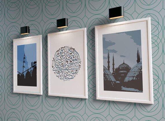 Islamic Home Decor | Mosque Wall Art for Living Room | Istanbul Turkish Painting | Architecture Print | Wall Set of 3 | Blue Decor | Gifts