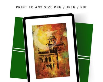 Pakistan Mosque Art, Calligraphy, Wall Decor, Lahore, Islamabad, Gold Canvas, Instant Download