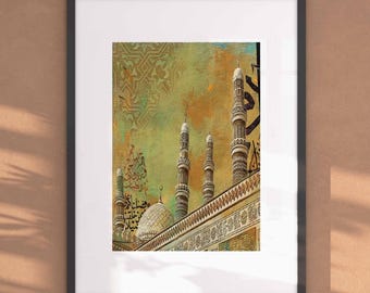 Yemen Mosque Wall Art | Islamic Canvas Print | Sanaa Yemeni Decor | Traditional Arabic Home | Gold Landscape & Houses Art