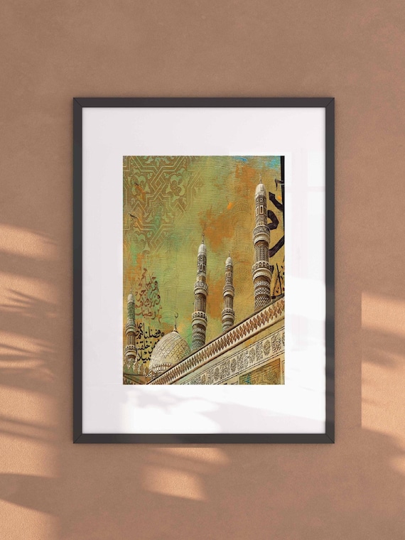 Yemen Mosque Painting | Gold Landscape Islamic Wall Art | Arabic Traditional Home Decor |Sanaa Yemeni Print | Canvas Art| Houses Arabic Wall