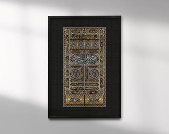 Black Gold Mecca Wall Art, Islamic Landmark Decor, Kaaba Cloth Print, Sacred Gift.