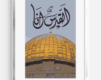 Palestine Wall Art Dome of the Rock | Al Aqsa Mosque | Arabic Calligraphy | Islamic Housewarming Gift | Free Gaza Painting Muslim Art Wall