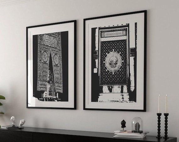 Black and White Minimal Islamic Wall Art | Two Holy Mosque Print | Makkah and Madinah Muslim Wall Art | Kabah Door |Modern Housewarming Gift