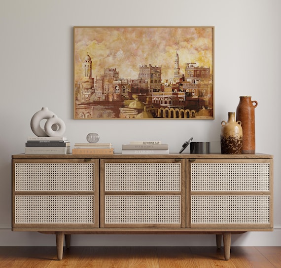 Landscape Yemen Art | Gold Islamic Gifts | Arabic Decor | Yemen traditional painting | Horizontal Poster Frame | Sanaa History Mosque Decor