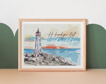 Colorful Lighthouse Painting Watercolour Art Wall Decor Landscape Print Inspirational Quote Coastal Home Office Nursery Gift