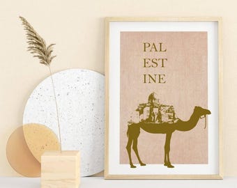 Camel Wall Art Al Aqsa Mosque Bohemian Print | Neutral Desert Boho Decor | Modern Islamic Palestinian Design Poster