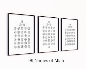 Set of 3 Islamic Wall Art | 99 Allah Names in Arabic Calligraphy