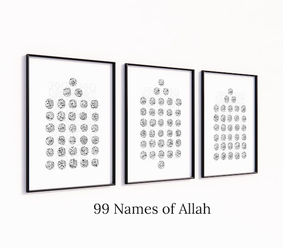 99 Names of Allah Minimal Wall Set of 3 | Islamic Wall Art Gifts | Muslim Home Decor | Black & White Modern Housewarming Arabic Art | Umrah