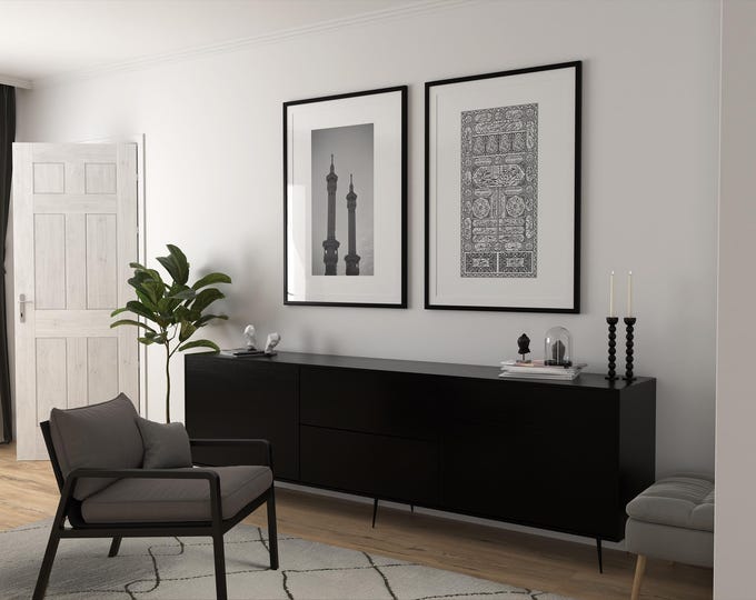 Featured listing image: Islamic wall art, Mosque prints, Kabah door, black and white, Masjid decor, Muslim gift.