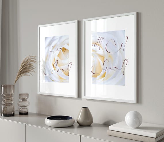 Floral Islamic Wall Art | Minimal Elegant Decor Arabic Calligraphy | White Rose Islamic Gifts | Set of 2 Prints | Modern Living Room