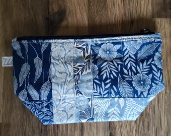 Handmade patchwork quilted cotton pouch, zipper pouch, blue