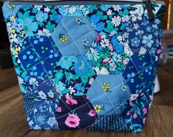 Handmade patchwork hexie quilted cotton pouch, zipper pouch