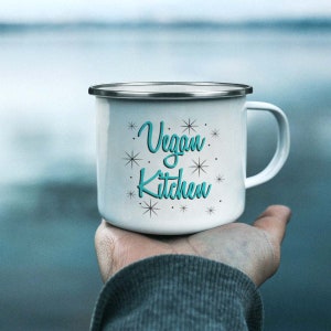 Vegan Kitchen Enamel Camping Mug 12 oz Mid-Century Modern Gift
